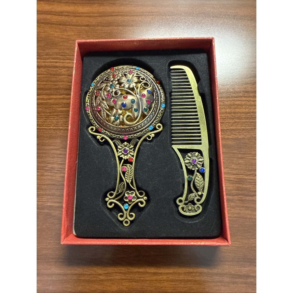 Vtg Style Hand Held‎ Vanity Mirror Matching Comb Set Floral/Butterfly Rhinestone